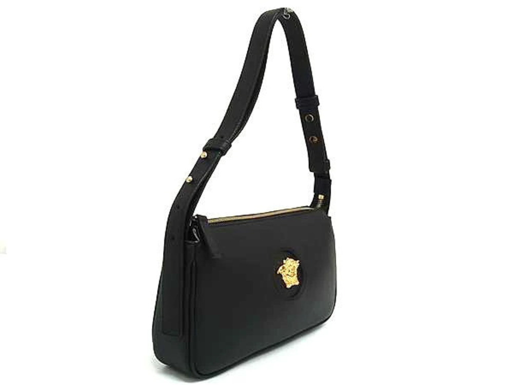 VERSACE Medusa Leather Hobo Bag Handbag Shoulder Black